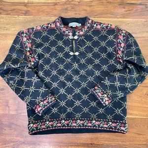 Icelandic Design M 100% Wool Sweater Black Gold Floral Pink Red
